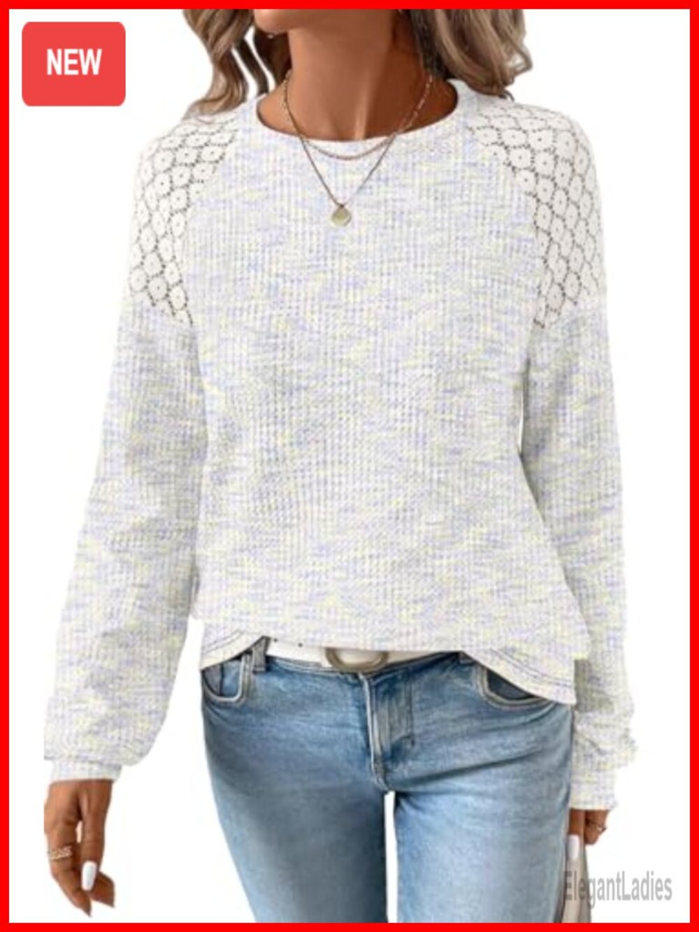 Waffle Knit Lace Cut-Out Shoulder Blouse - Women's Fall Long Sleeve Top